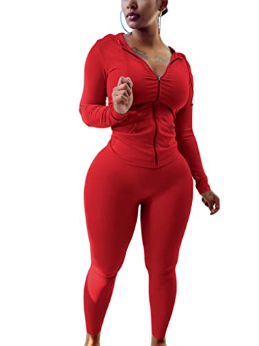 PINSV Women Workout Sets Bodycon Tracksuit Long Sleeve Zip Up Hoodie Matching Sweat Pants Sweatpants Set