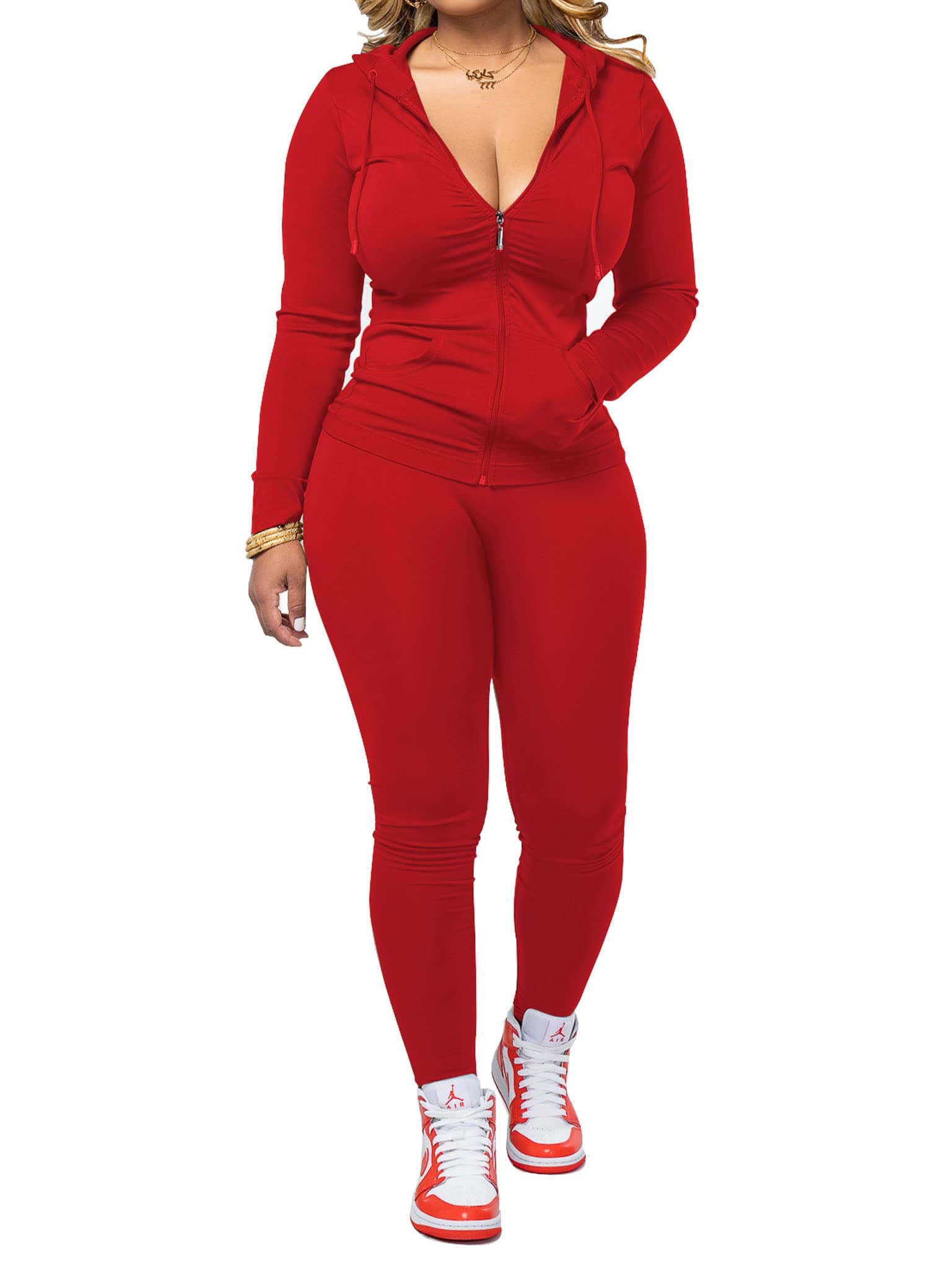 PINSV Women Workout Sets Bodycon Tracksuit Long Sleeve Zip Up Hoodie Matching Sweat Pants Sweatpants Set